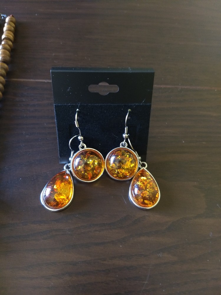 Amber Stone Silver Dangle Earrings & Necklace Set Statement Boho Western