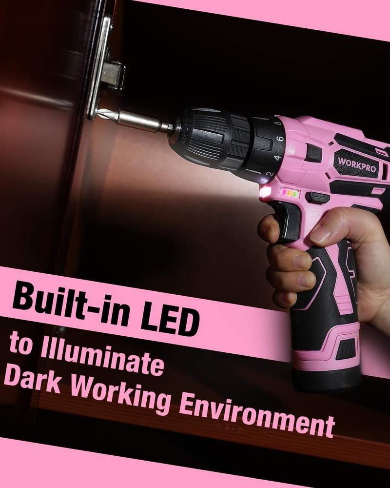 Ergonomic 12V Pink Cordless Drill Set with Variable Speed & LED Trigger Light