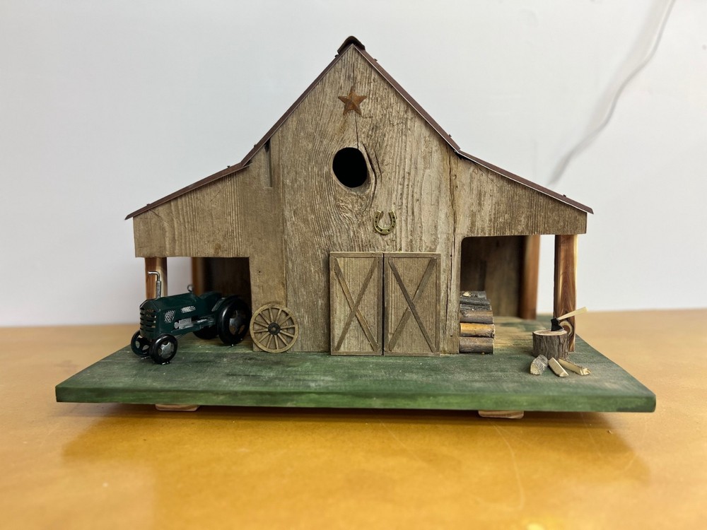 Handcrafted Rustic Barn Birdhouse with Tractor