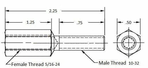 Thread adapter, 5/16-24 Female thread, 10-32 Male thread