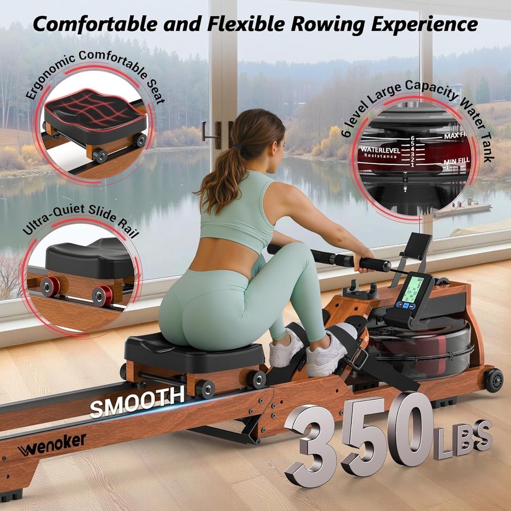 Water Rowing Machine for Home Use, WENOKER Wooden Foldable Rower Machine with De
