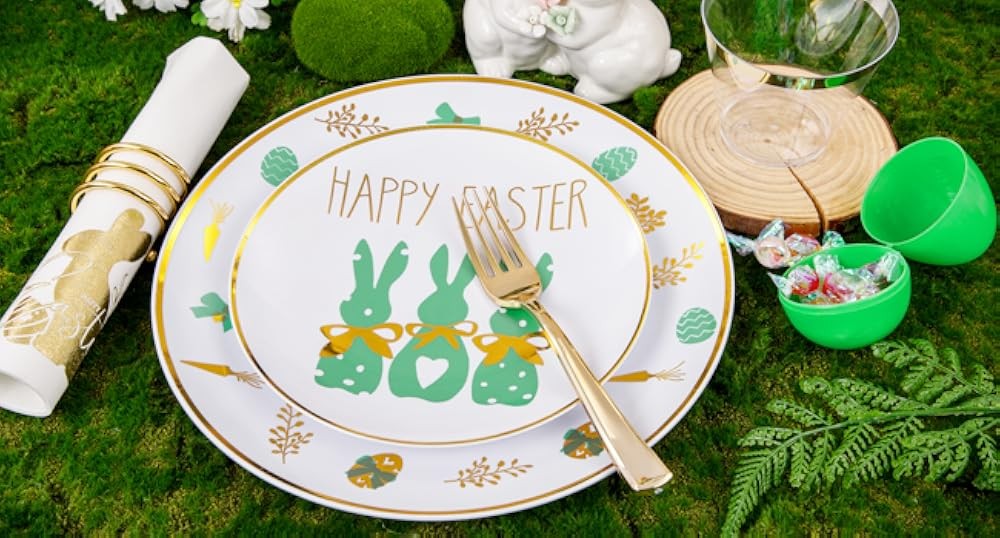 Easter Plastic Plates, Bunny Plastic Disposable Dinnerware Set