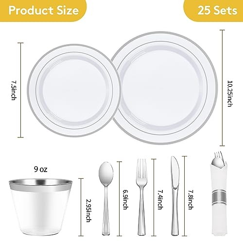 175 Piece Plastic Dinnerware Set for 25 Guests, Silver 175 Piece (25 guests)