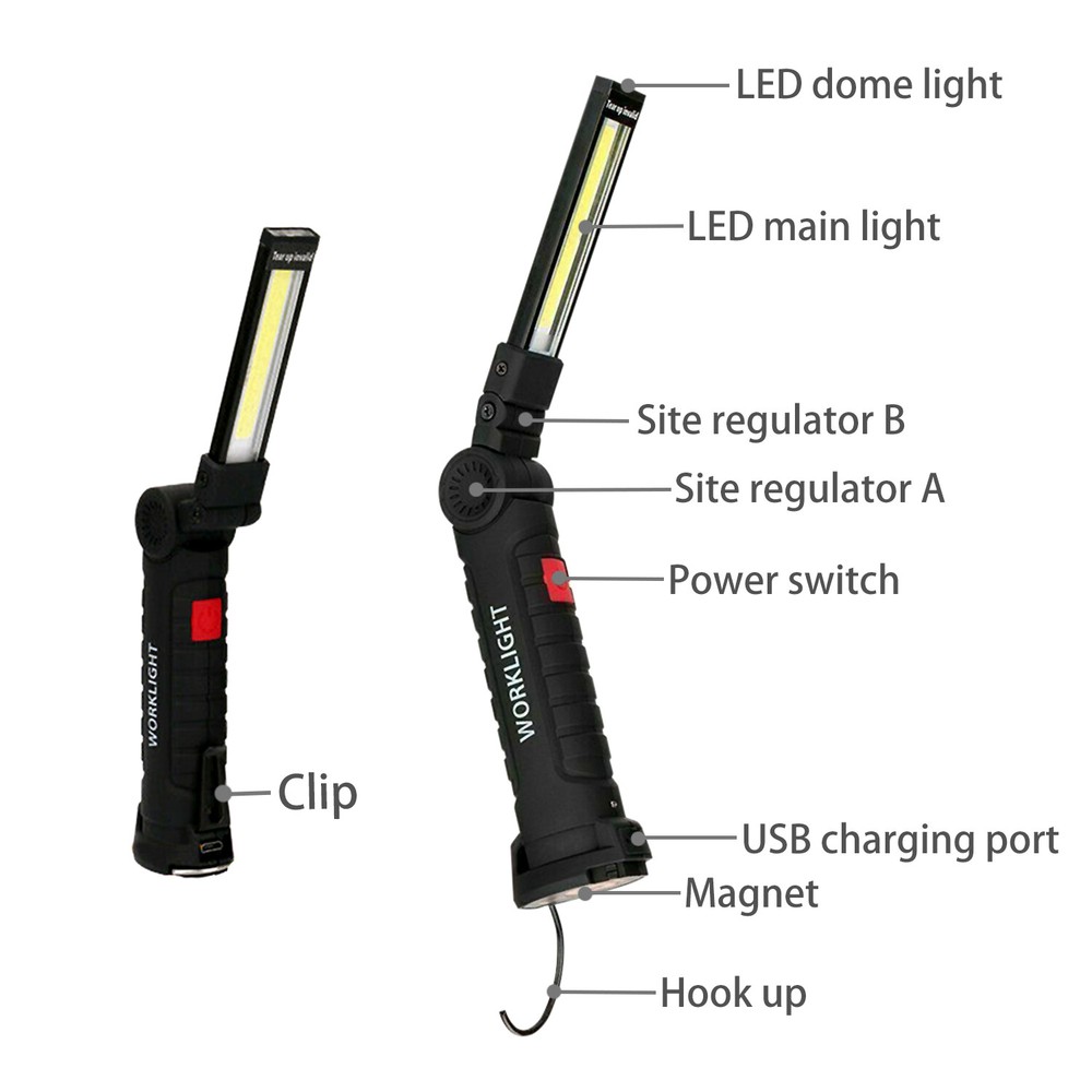 2PCS Magnetic COB LED Work Light Lamp USB Rechargeable Flashlight Folding Torch