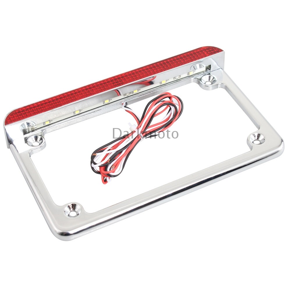 Chrome Motorcycle License Plate Frame LED Light Brake Tail Light Mount Universal