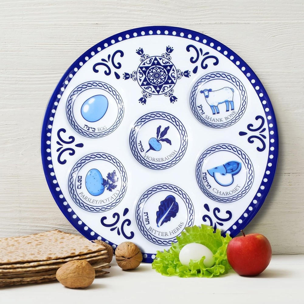 Disposable 6 Pack Seder Plates in Blue Renaissance - Dishwasher Safe & Stackable