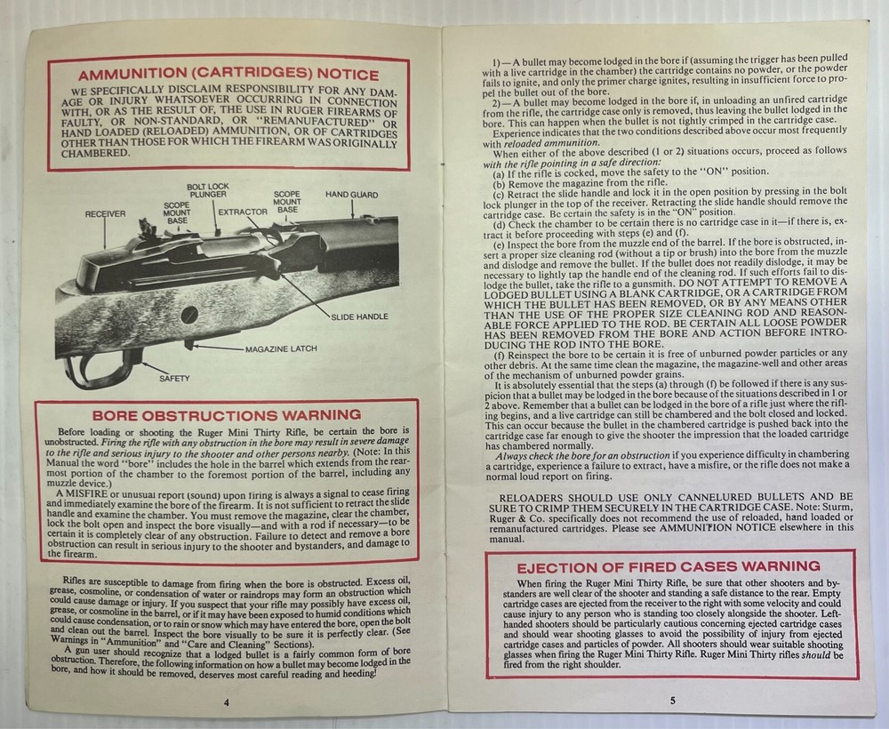 RUGER- Mini Thirty Rifle Instruction Manual - 1987 Good Condition 📖