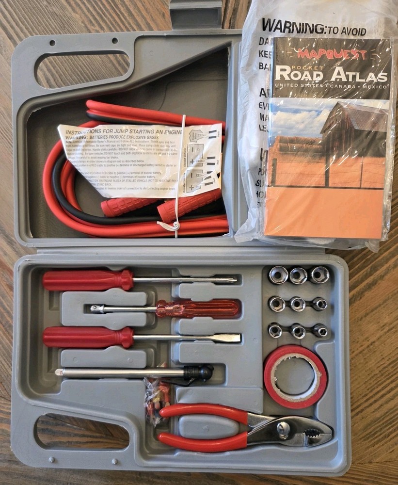 ​Vintage FIXIT TOOLS Emergency Car Roadside Kit - Jumper Cables, Tools, MapQuest
