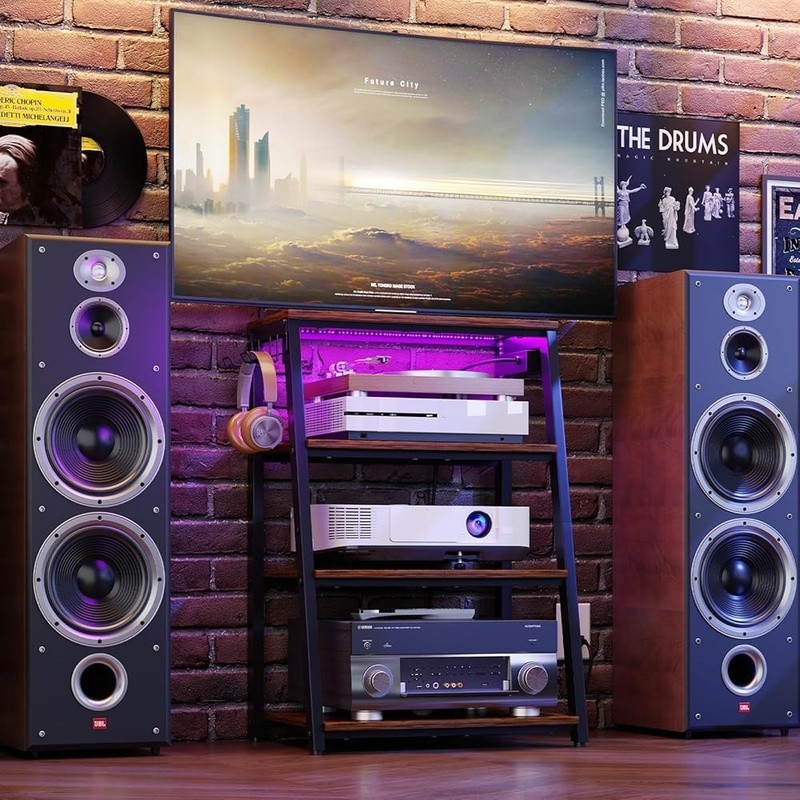 Audio Rack Stand USB Ports Adjustable Shelves LED Light Storage Solution