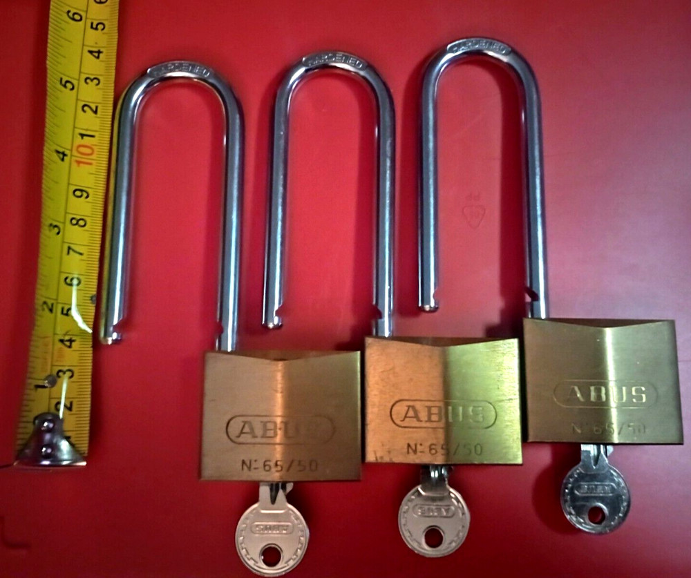 ((( 6 ))) ABUS 65/50 Solid Brass Padlock Hardened Long Shackle w/ 6 Keys LOT
