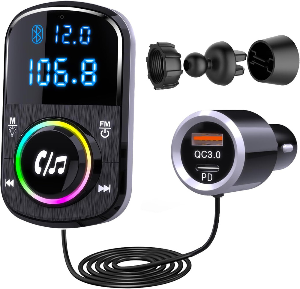 FM Transmitter, Hands Free Car Phone Kit Bluetooth, Support QC3.0 & PD Fast C...
