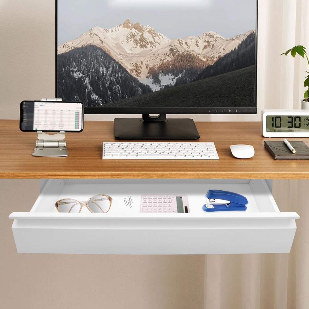 White Under Desk Storage Drawer Sliding Pull Out Organizer for Home Office