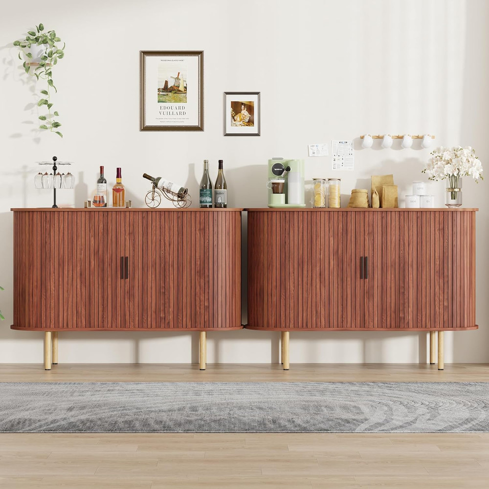 Mid Century Modern 47" Sideboard Buffet Cabinet with Sliding Doors, Walnut