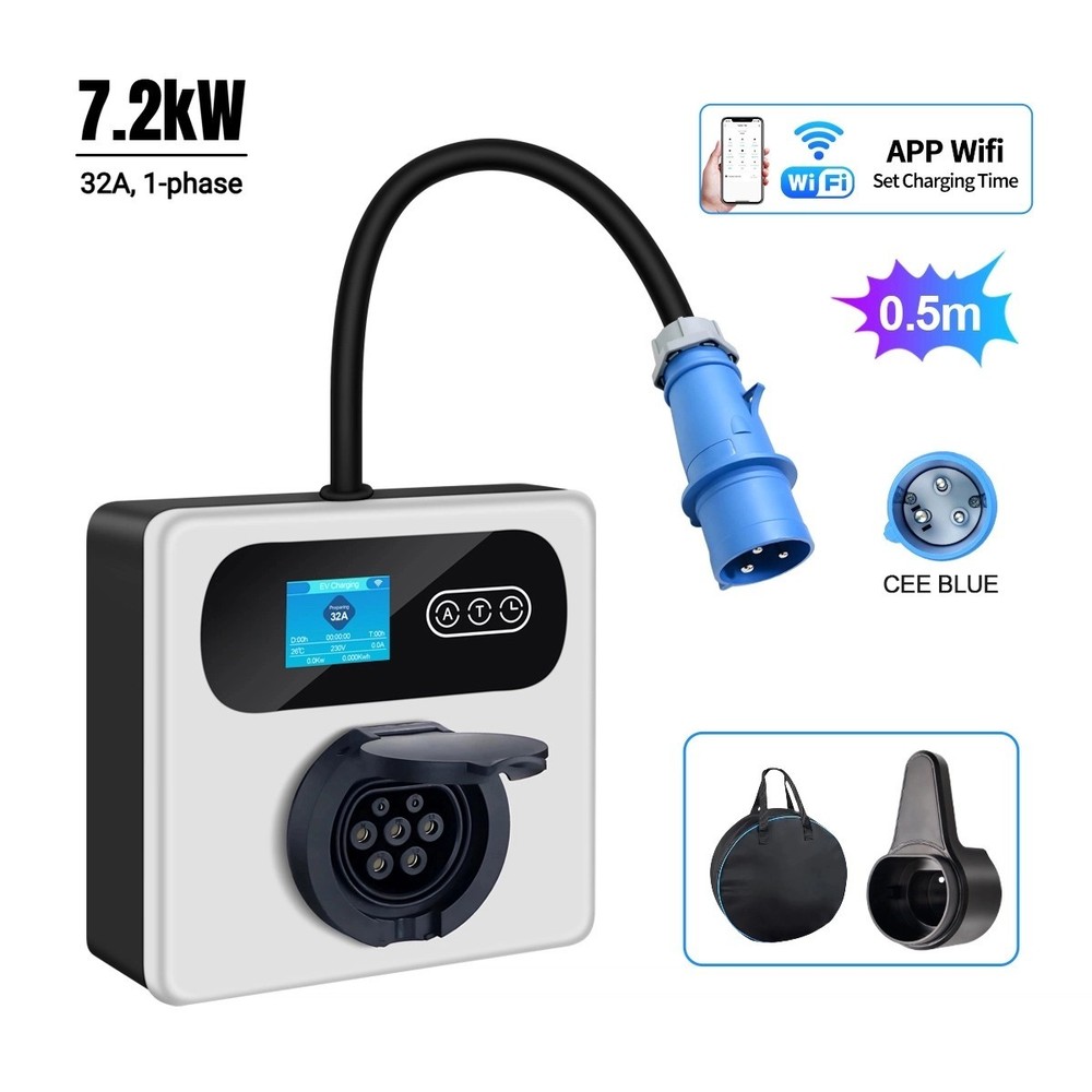 Portable Type 2 EV Wall Charger, 8A-32A Adjustable, 7kW 1-phase, Delay Timer