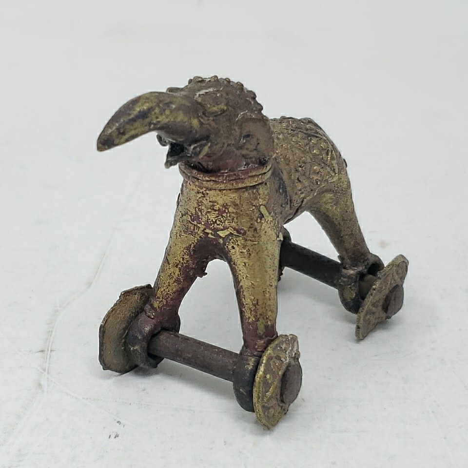 Antique Indian Cast Brass Iron Devotional Shrine Temple Pull Toy Elephant Wheels