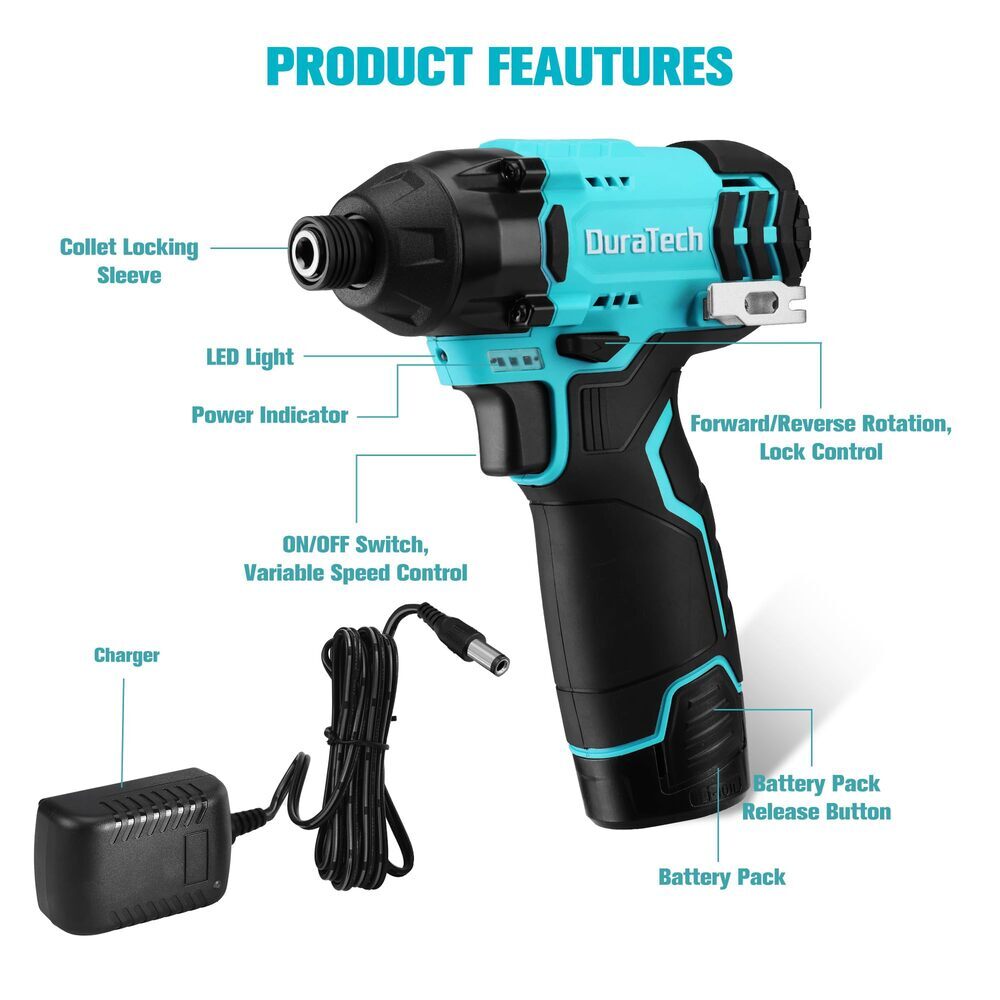 DURATECH 12V Cordless Impact Driver High Torque & Adjustable Speed Great Gift