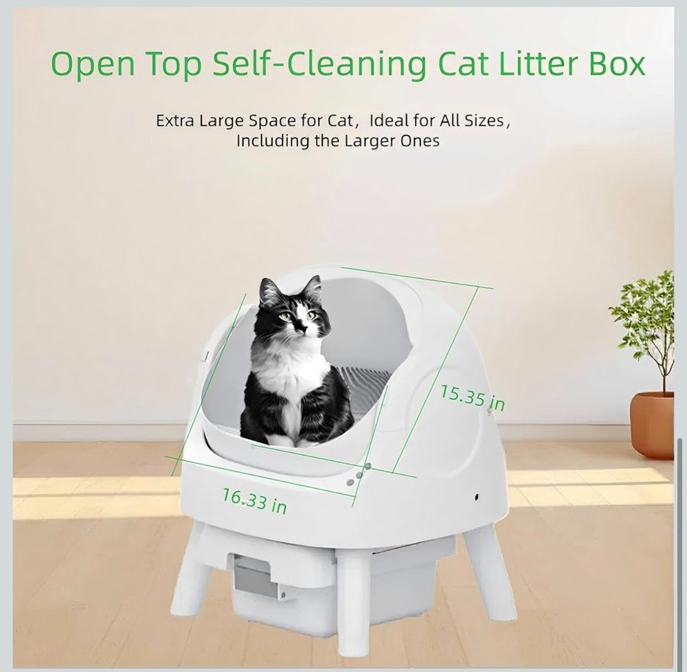 Self-Cleaning Cat Litter Box for Multiple Cats - Automatic, Open Top, White