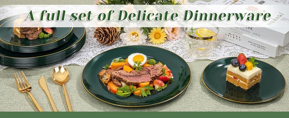 Green Plastic Plates - Green and Gold Disposable Include 25 Each