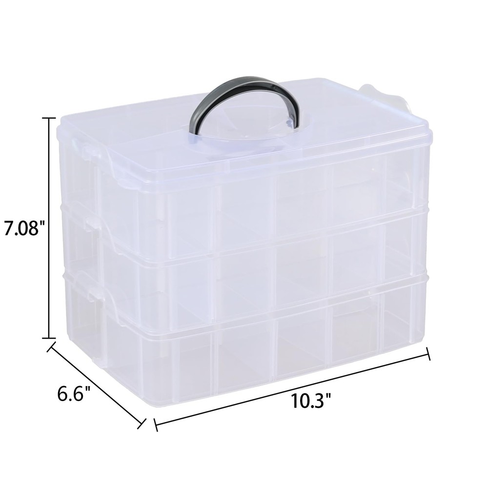 3-layer Stackable Craft Storage Box with 30 Grids, Clear Compartment Organize...