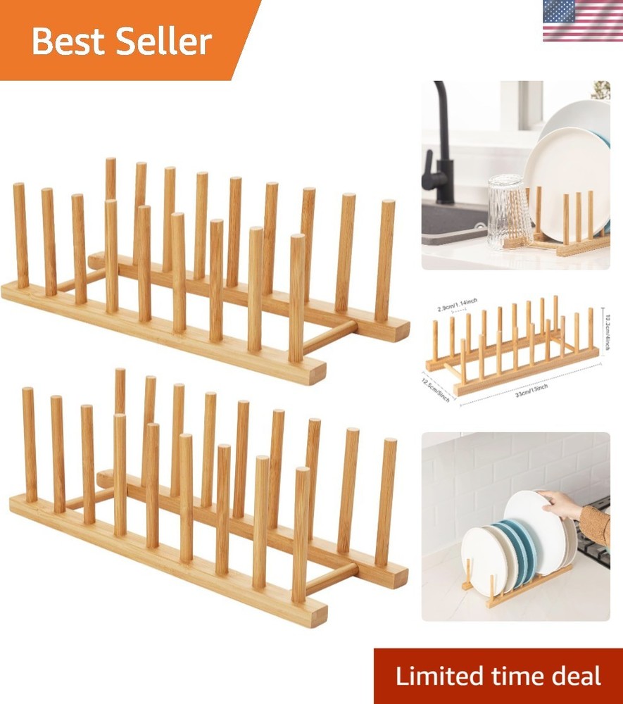 Eco-Friendly 2-Piece Bamboo Dish Rack with 8 Slots for Kitchen Organization