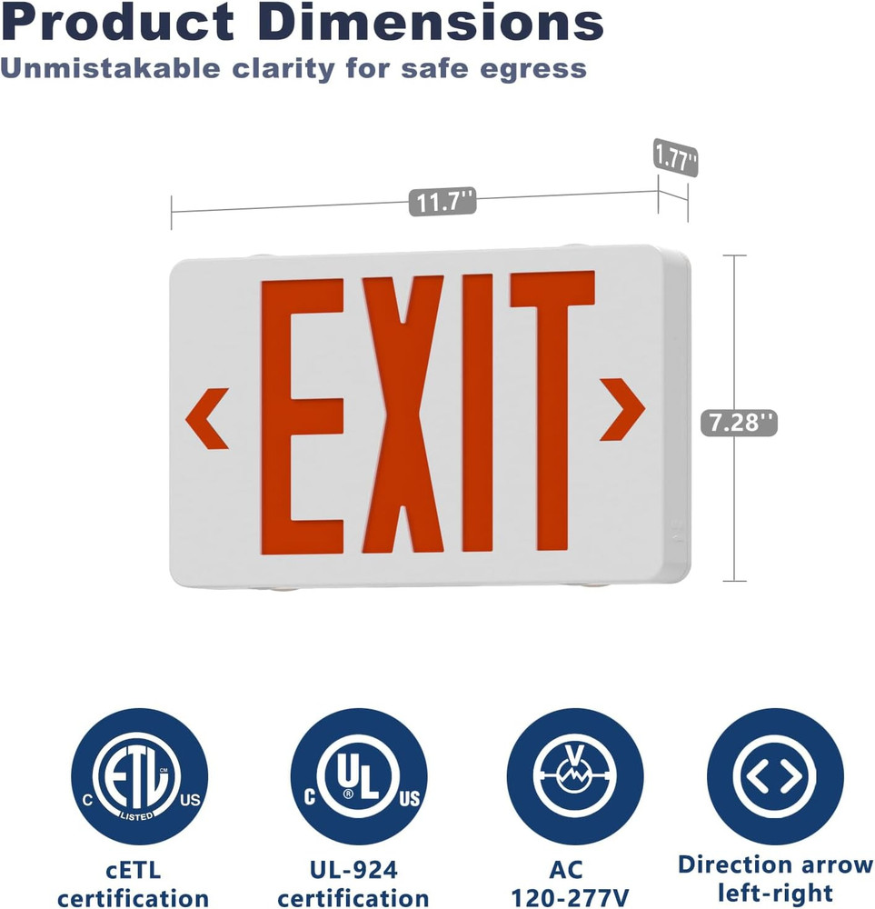 Exit Signs with Emergency Lights,Double Face Exit,Ac 120-277V, Hardwired Exit Si
