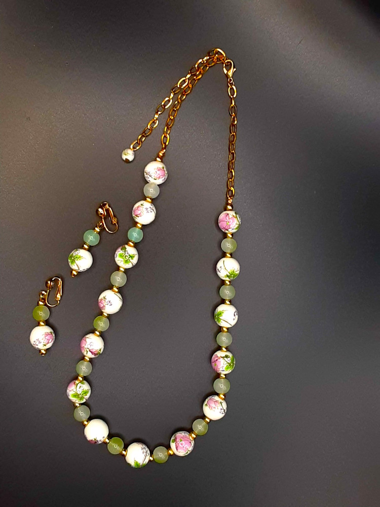 Faux Jade and Painted Ceramic Bead Necklace & Earring Set