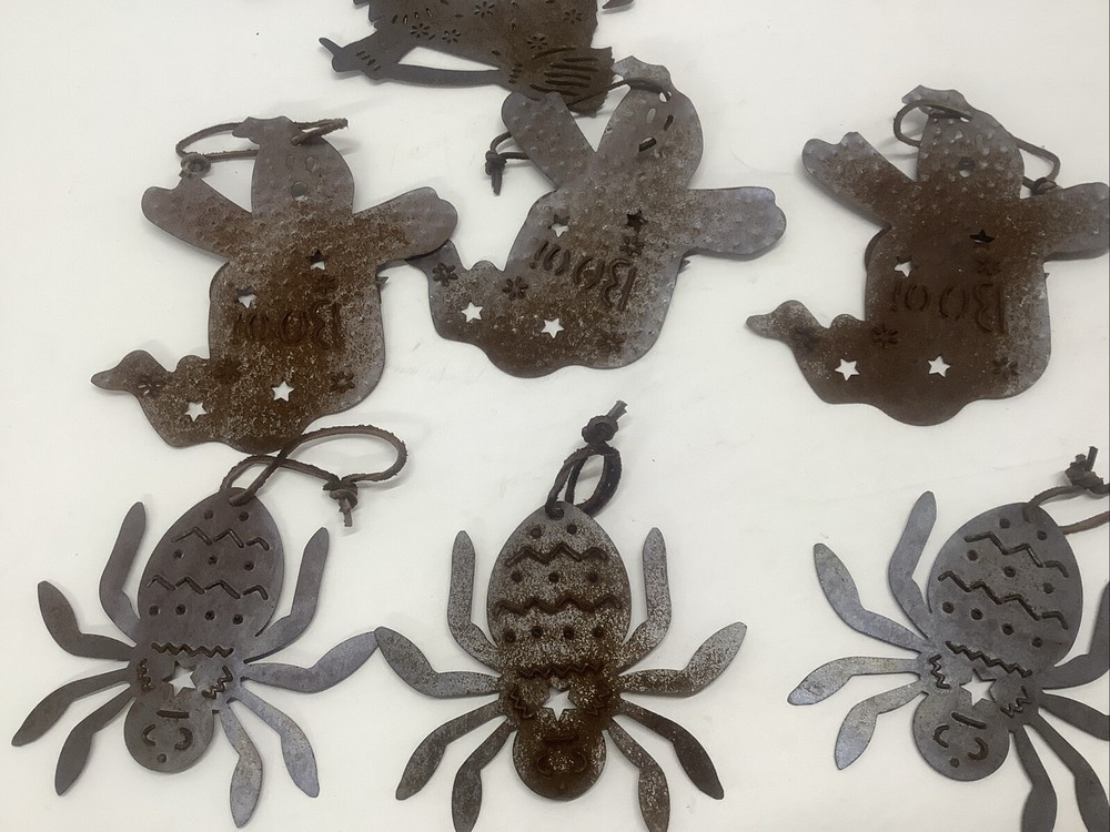 7 Rusty Tin Halloween Ornaments Ghosts Spiders Witch Primitive Rustic