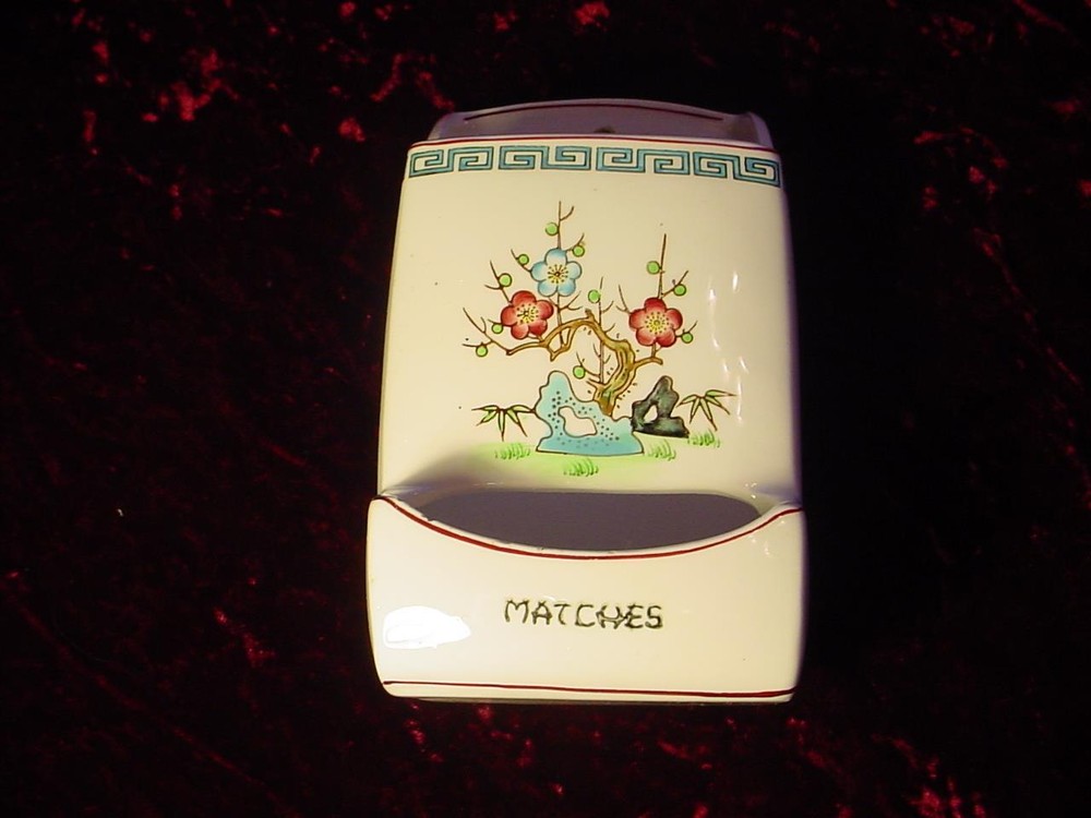Vintage Indian Tree pattern ceramic wall hanging match holder / safe