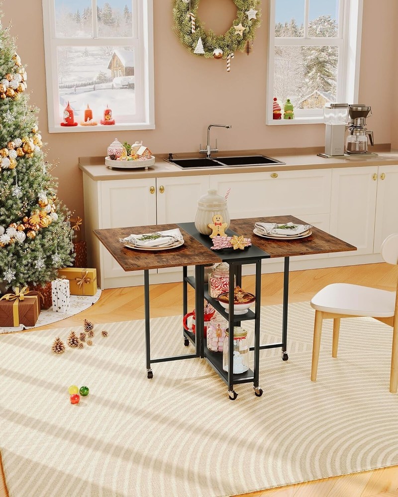 Expandable Dining Table Movable Versatile Kitchen Table with 6 Wheels Rustic Bro