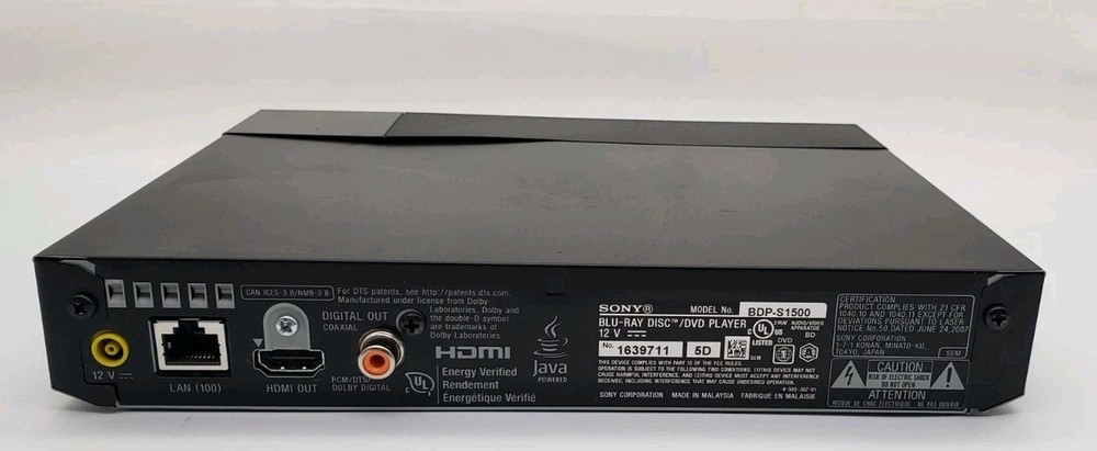 Sony BDP-S1500 Blu-ray Disc Player w/ Remote AC Adapter