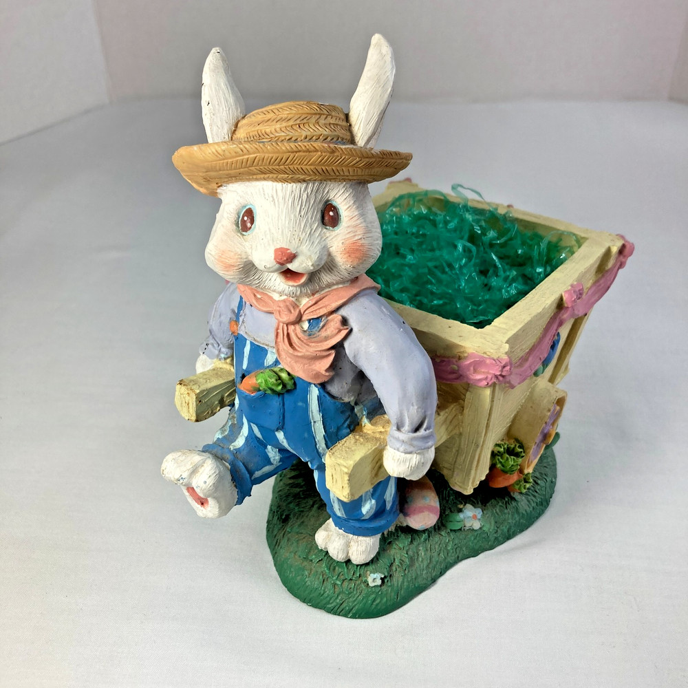 Spring Easter Bunny Figurine Rabbit Straw Hat Blue Overalls Pulling Wheelbarrow