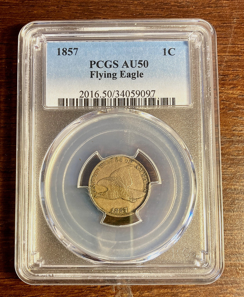 1857 FLYING EAGLE CENT PCGS AU 50