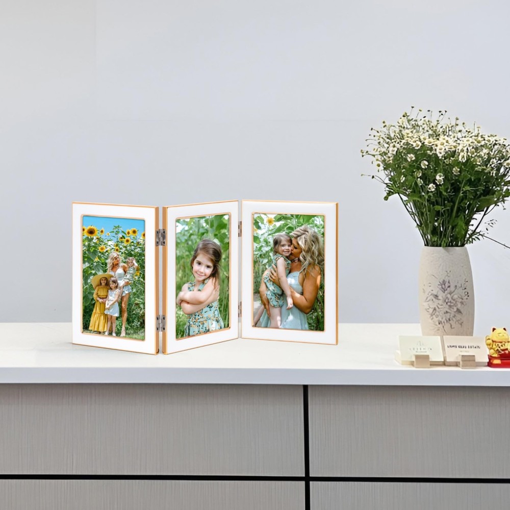 4x6 Trifold Picture Frame, Vertical White Hinged Frames Made to Display Three...