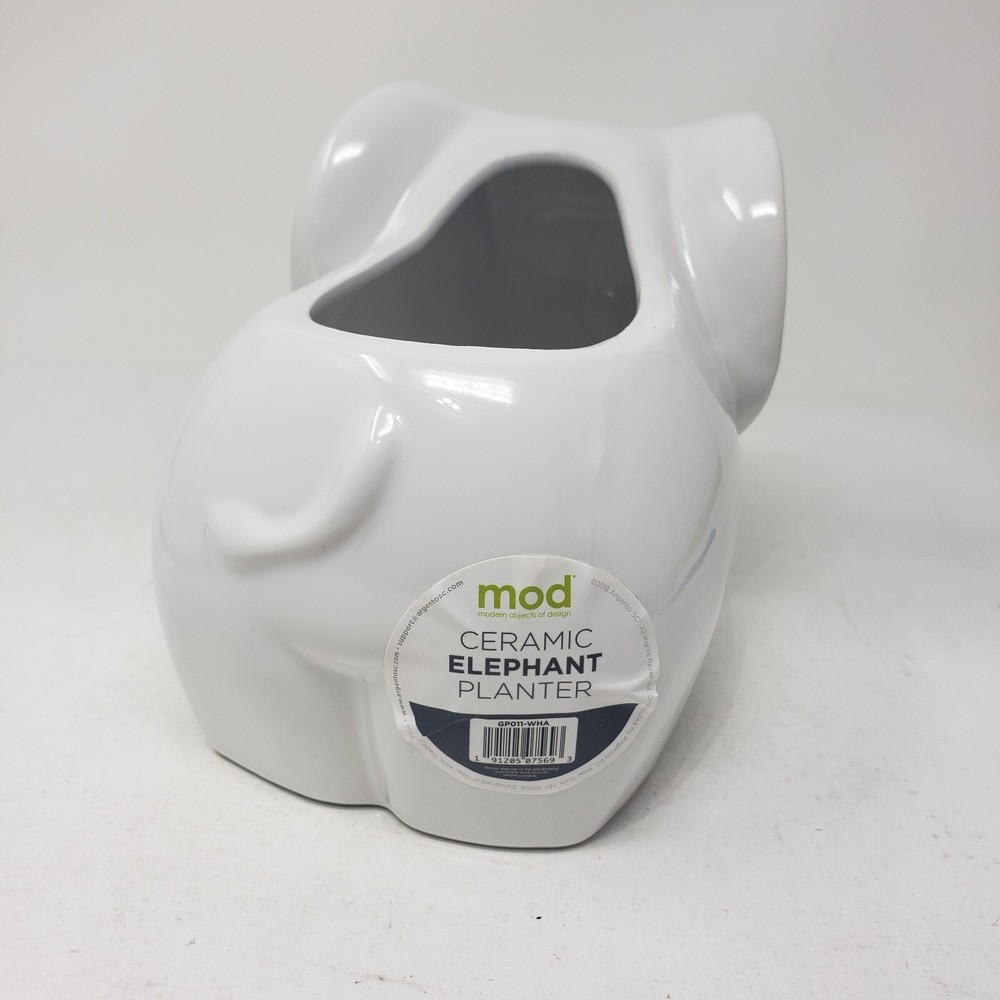 White Gloss Glazed Elephant Planter Ceramic Short Round 6" Long 4" Tall MOD