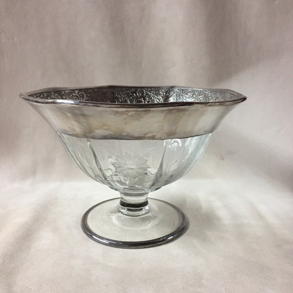 Antique Sterling Silver Etched Glass Compot Dish 7”