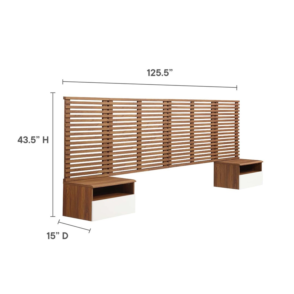 Modway Render Wall Mount King Headboard and Modern Nightstands in Walnut