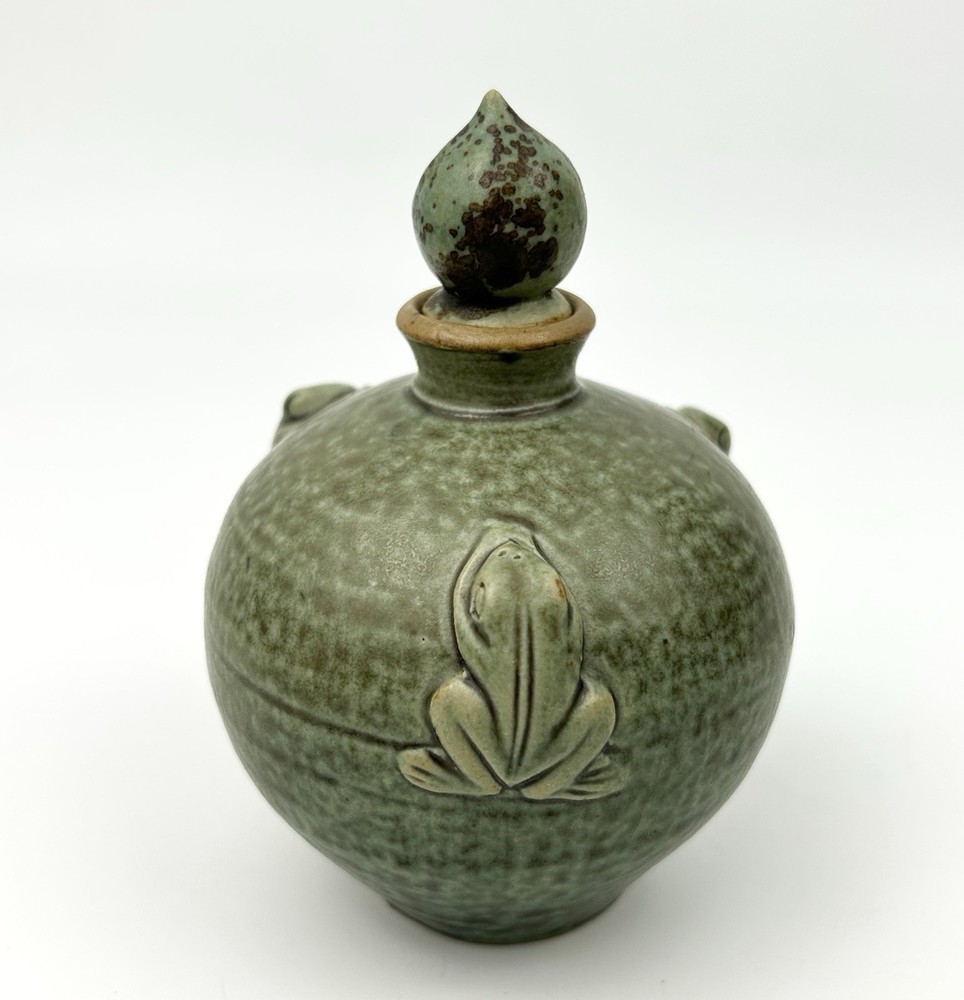 Small Celadon Green Studio Art Pottery Jar Tree Frogs Gorgeous