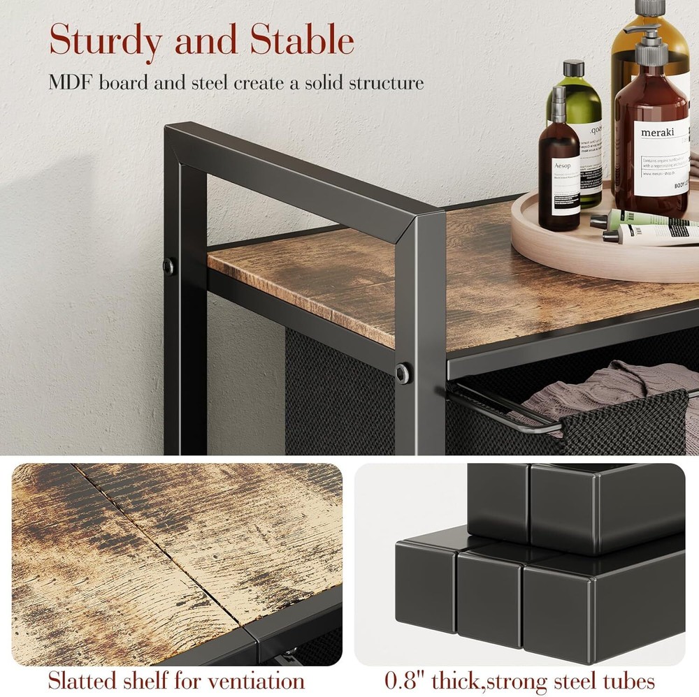 Laundry Basket Organizer, Hamper with Shelf Large, Rustic Brown、Black