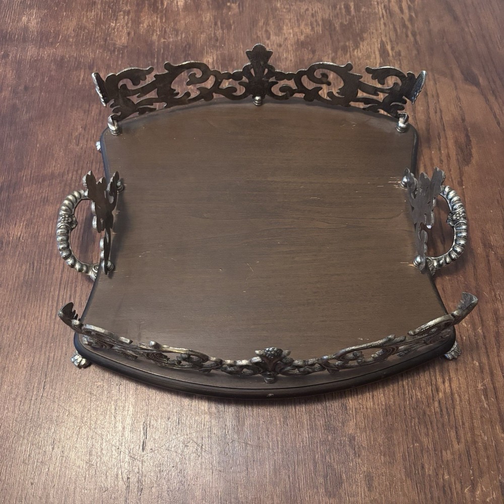 Wooden Handled Serving or Display Tray With Pewter Scrollwork Sides and Handles