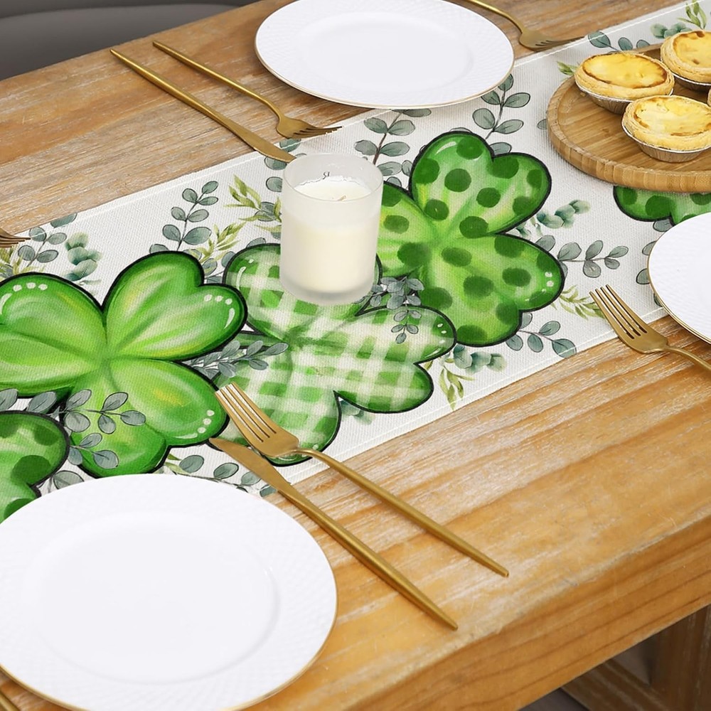 St Patrick's Day Table Runner Decorations Shamrock Eucalyptus Seasonal Kitchen