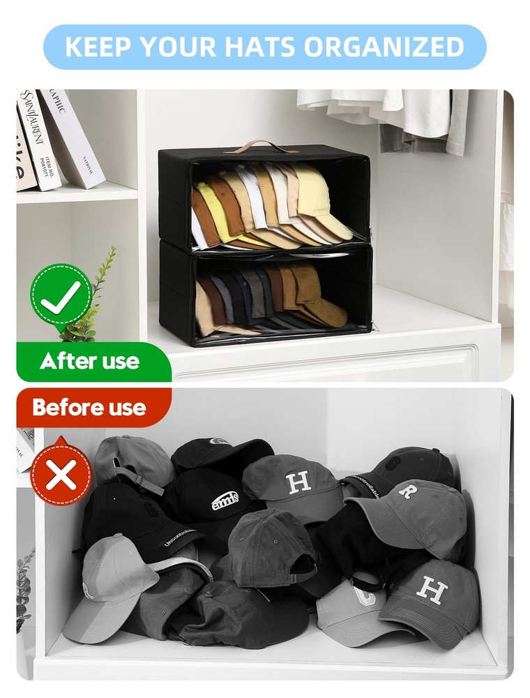 2 Pack Front-Opening Hat Organizer for Baseball Caps, Stackable Rigid Hat Sto...
