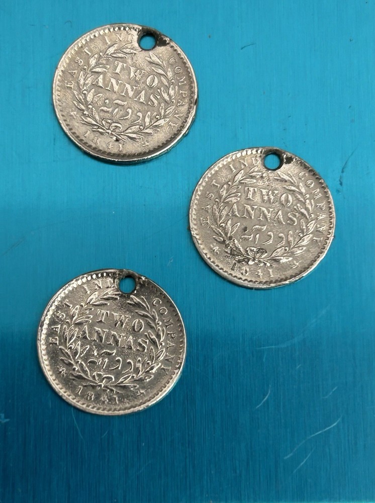 Three 1841 Silver 2 Annas Coins - Drilled
