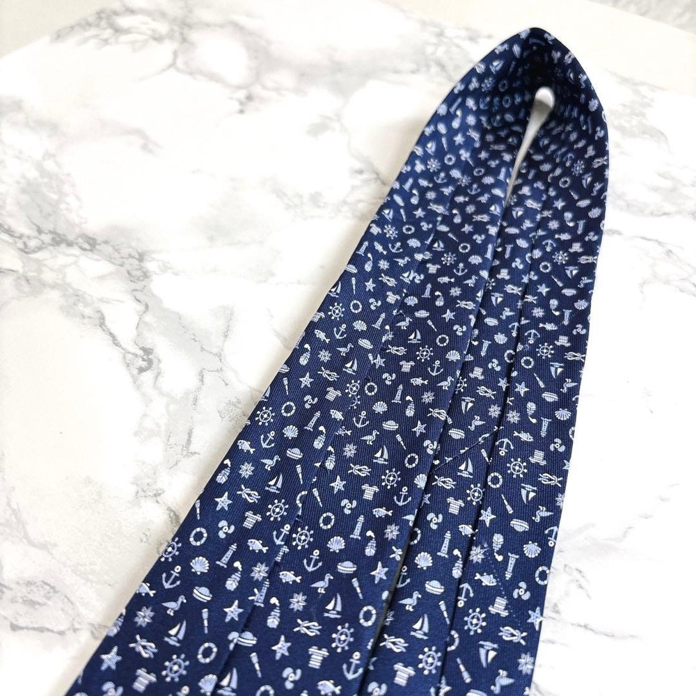 HERMES Tie Full Marine Monogram Pattern Navy Blue
