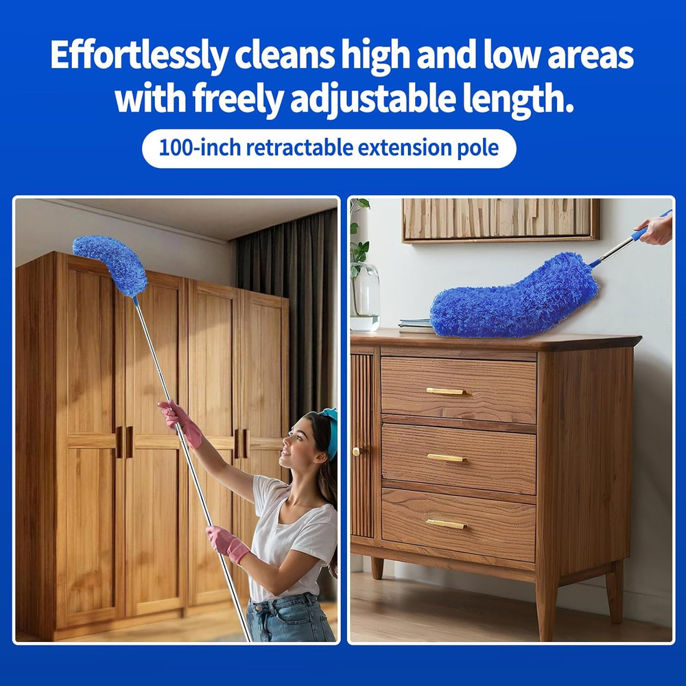 Cobweb Duster with Extension Pole, Washable Cleaning Duster Set with 2 Duster He