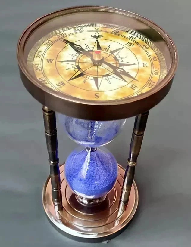 Antique Nautical Solid Brass Sand Timer Hourglass With Maritime Compass Both End