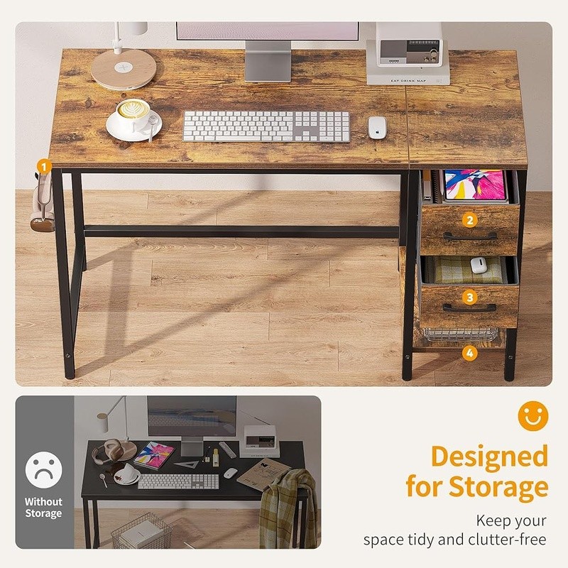 Reversible Small Computer Desk W/ Ample Storage & Easy Assembly Drawers New