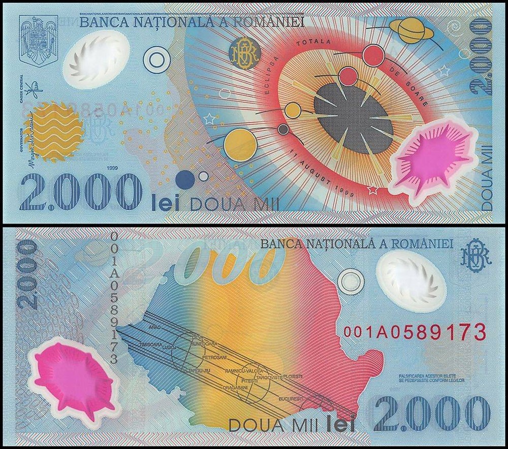Romania 2000 Lei, 1999, P-111b, UNC, Polymer, Original Folder