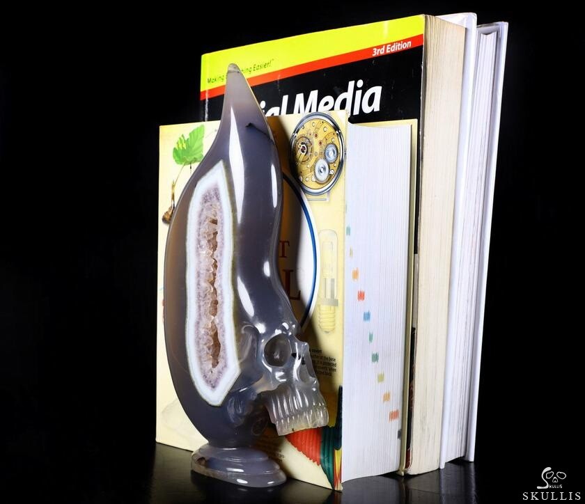 Original Design 8.1" Agate Amethyst Geode Carved Crystal Skull Bookend