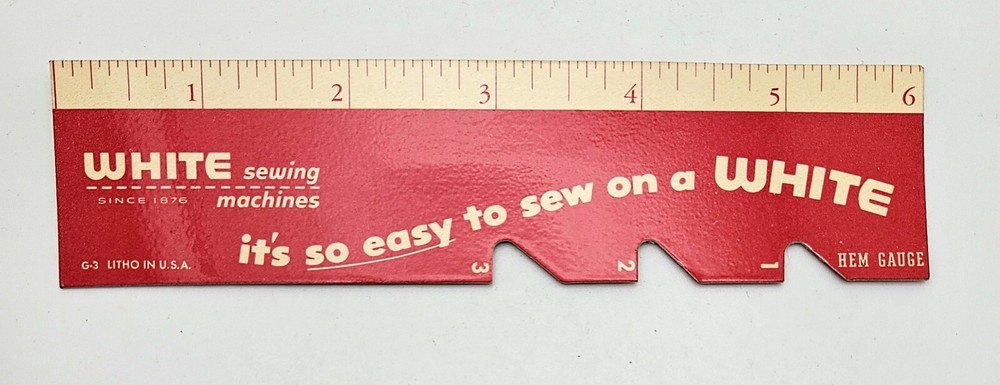 White Sewing Machines Hem Gauge, Ruler, Needle & Thread Chart 6"