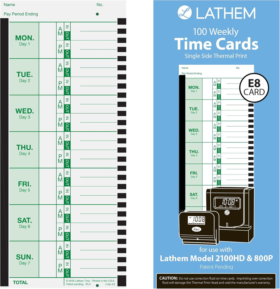 Weekly Employee Time Card Pack, 100 Count E8 Thermal Print Timesheets, Single Si